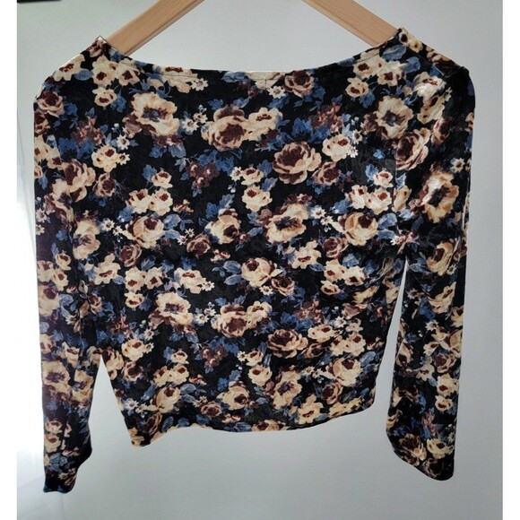Y2K Cropped Floral Velvet Top Black Long Sleeve Forever 21 Stretch Purple - Picture 2 of 4